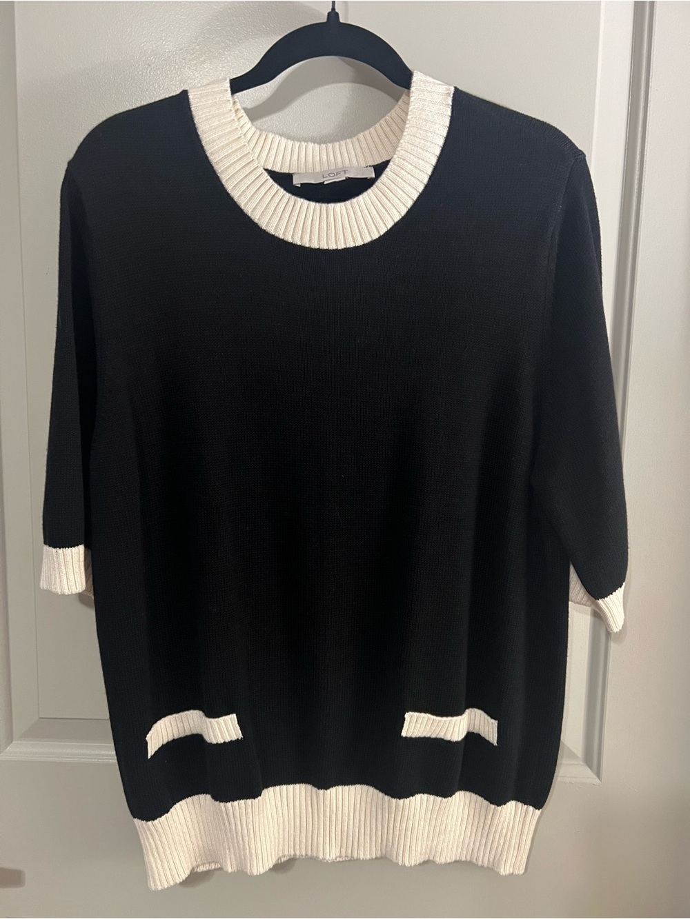 LOFT Black Sweater with Cream Rib Trim